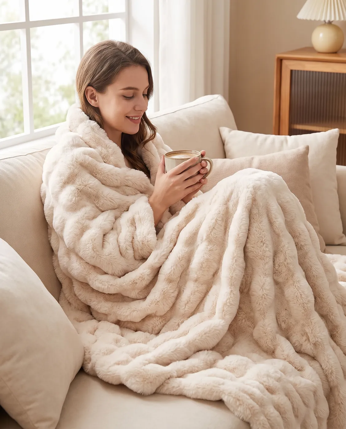 The Cloud Blanket wrapped up on the couch with a warm drink